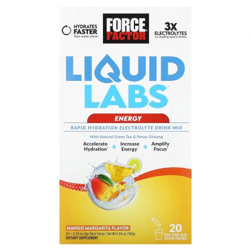 Force Factor, Liquid Labs, Energy, манго и маргарита, 20 пакетиков по 8 г (0,28 унции)