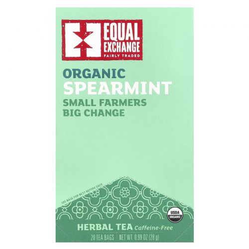Equal Exchange, Organic Spearmint Herbal Tea, Caffeine-Free, 20 Tea Bags, 0.99 oz (28 g)