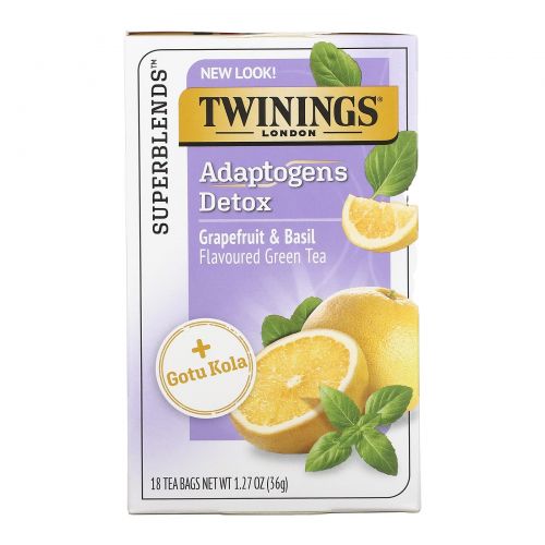 Twinings, Detox, Adaptogens, Grapefruit & Basil Flavored Green Tea, 18 Tea Bags, 1.27 oz (36 g)