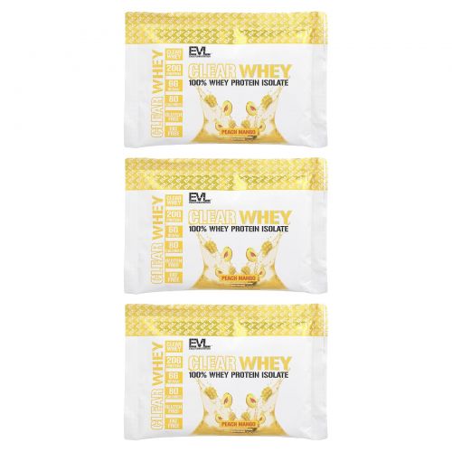 EVLution Nutrition, Clear Whey, 100% изолят сывороточного протеина, персик и манго, 3 штуки, 25,5 г (0,9 унции)