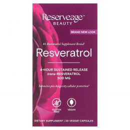 Reserveage Beauty, Ресвератрол, 4-часовое замедленное высвобождение, 500 мг, 30 растительных капсул