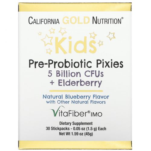 California Gold Nutrition, Pixies, пребиотики и пробиотики для детей, 5 млрд. КОЕ, с добавлением бузины, с натуральным вкусом голубики, 30 пакетиков по 1,5 г (0,05 унции)