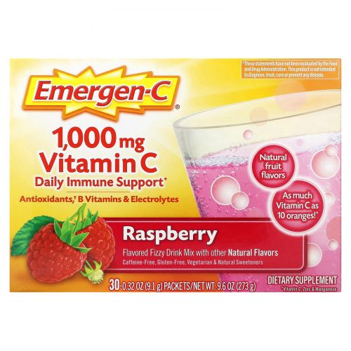 Emergen-C, 1,000 мг витамин C, малина, 30 пакетиков, 9.1 г шт.