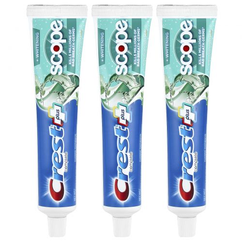 Crest, Complete Plus ™, Scope® + Whitening, зубная паста с фтором, мятная свежесть в полоску, 3 пакетика по 153 г (5,4 унции)