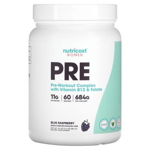 Nutricost, для женщин, предтренировочный комплекс с витамином B12 и фолатом, вкус голубой малины, 684 г (1,5 фунта)