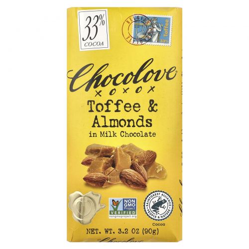 Chocolove, Молочный шоколад с тоффи и миндалем, 3,2 унции (90 г)