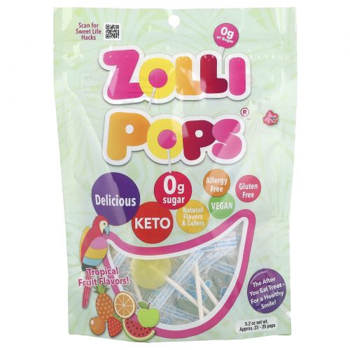 Zollipops, The Clean Teeth Pops,  Tropical Fruits, 23-25 Pops, 5.2 oz