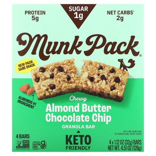 Munk Pack, Keto Granola, батончики с миндальным маслом и какао, 4 батончика по 32 г (1,12 унции)