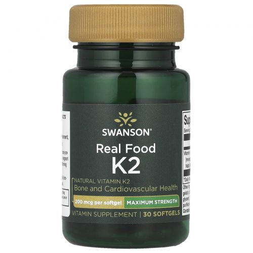 Swanson, Maximum Strength, Real Food K2, 200 мкг, 30 мягких таблеток