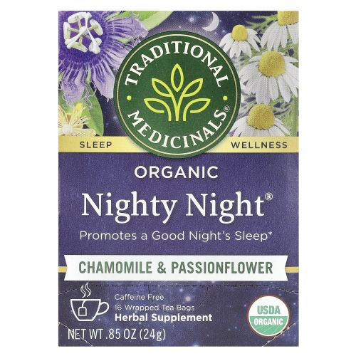 Traditional Medicinals, Успокаивающий чай, органический чай Nighty Night, без кофеина, 16 чайных пакетиков в индивидуальной упаковке, 0,85 унции (24 г)