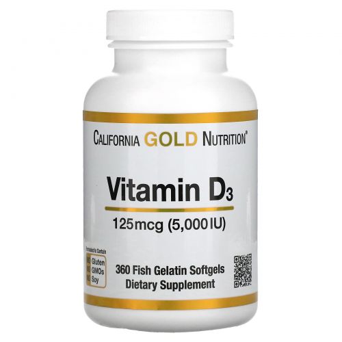 California Gold Nutrition, Витамин D3, 5,000 МЕ, 360 желатиновых капсул из рыбы