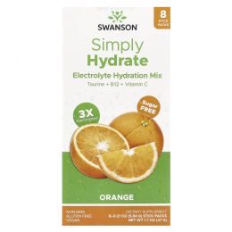 Swanson, Simply Hydrate, смесь электролитов для гидратации, апельсин, 8 стик-пакетов по 5,84 г (0,21 унции)
