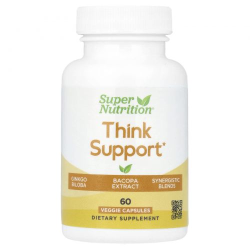 Super Nutrition, Think Support, с гинкго билоба, тюбетейкой, готу колой, бакопой и ферментами, 60 растительных капсул