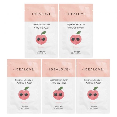 Idealove, Superfood Skin Savior, маска для лица с суперфудами, персик, 5 шт. по 20 мл (0,68 жидк. унции)