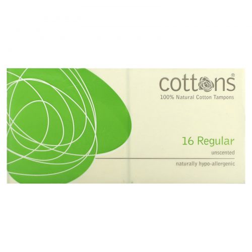 Cottons, 100% Natural Cotton Tampons, Regular, Unscented, 16 Tampons