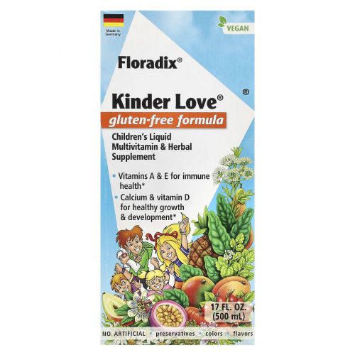 Gaia Herbs, Floradix, Kinder Love, жидкая мультивитаминная и травяная добавка для детей, без глютена, 500 мл (17 жидк. Унций)