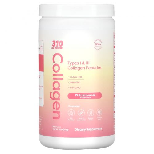310 Nutrition, Collagen, пептиды коллагена типа I и III, розовый лимонад, 372 г (13,1 унции)
