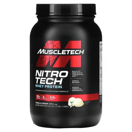 Muscletech, Nitro Tech, сывороточный изолят + наращивание сухой мышечной массы, со вкусом ванили, 2,00 фунта (907 г)