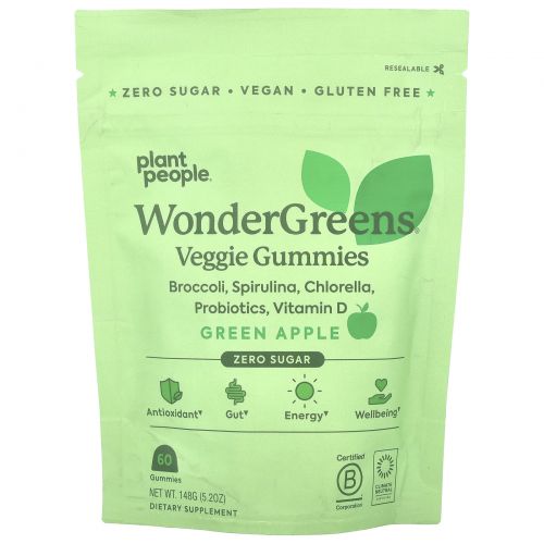 Plant People, WonderGreens®, вегетарианские жевательные мармеладки, зеленое яблоко, 60 жевательных мармеладок