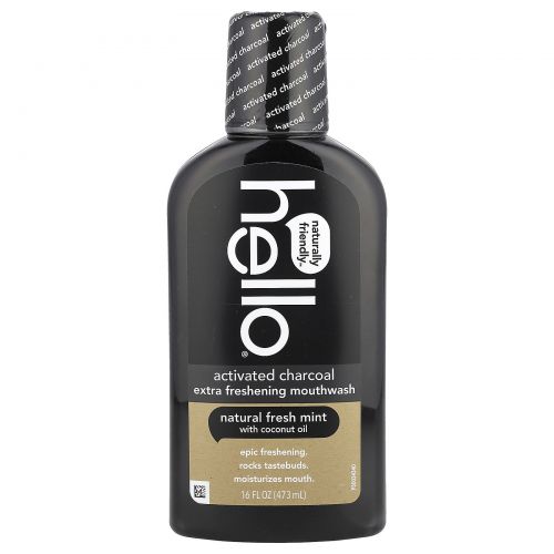 Hello, Активированный уголь, освежающая жидкость для полоскания рта, натуральная свежая мята, 473 мл (16 жидк. Унций)