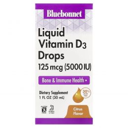 Bluebonnet Nutrition, Жидкий витамин D3, в каплях, цитрус, 5000 МЕ, 1 жидкая унция (30 мл)