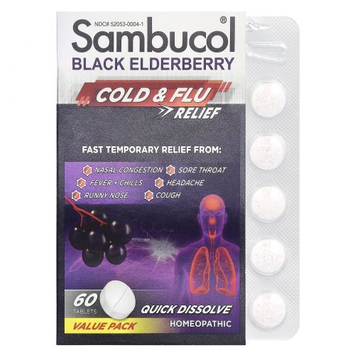 Sambucol, Black Elderberry, Cold & Flu Relief, Family Pack, 60 Quick Dissolve Tablets