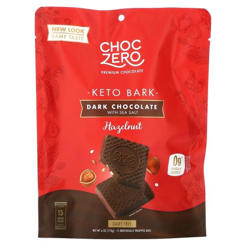 ChocZero, Dark Chocolate With Sea Salt, Hazelnut, Sugar Free, 6 Mini Pack, 1 oz Each