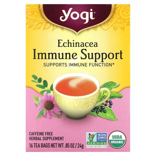 Yogi Tea, Чай для иммунной поддержки с эхинацеей без кофеина, 16 чайных пакетиков, 0.85 унций (24 г)