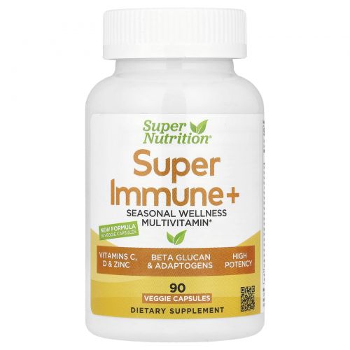 Super Nutrition, Super Immune+, мультивитамины с суперадаптогенами, зеленью, специями и антиоксидантами, 90 растительных капсул