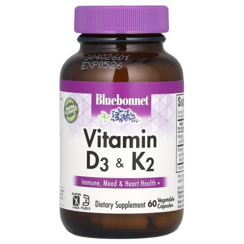 Bluebonnet Nutrition, витамины D3 и K2, 60 вегетарианских капсул