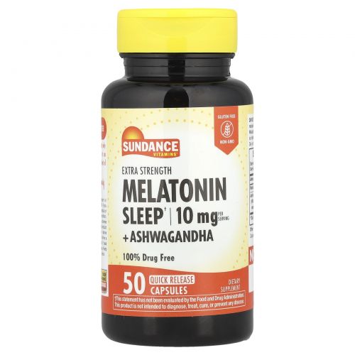 Sundance Vitamins, Extra Strength Melatonin Sleep + Ashwagandha, 50 капсул быстрого высвобождения