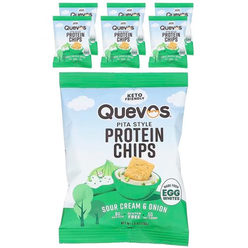 Quevos, протеиновые чипсы из питы, сметана и лук, 6 пакетиков по 28 г (1 унция)