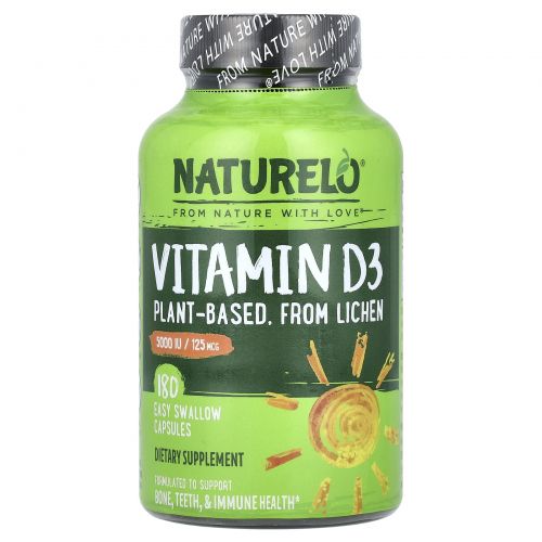 NATURELO, Vitamin D3, Plant Based, 5000 IU/125 mcg, 180 Easy Swallow Capsules