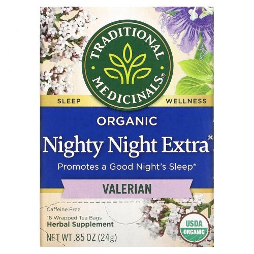 Traditional Medicinals, Органический чай для питья перед сном Nighty Night, валериана, 16 отдельных пакетика, 24 г