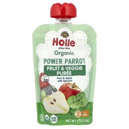 Holle, Органическое фруктовое и овощное пюре, Power Parrot, от 6 месяцев, груша и яблоко со шпинатом, 100 г (3,5 унции)