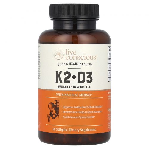 Live Conscious, K2+D3, Bone & Heart Health, 60 Softgels
