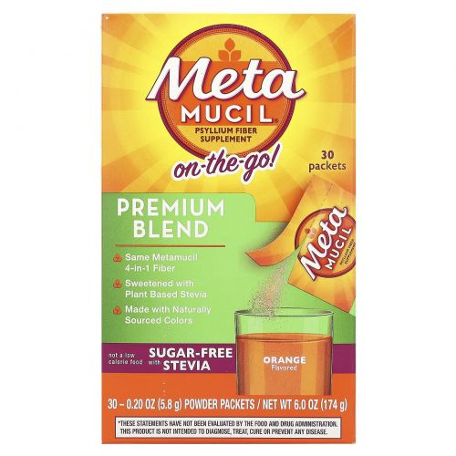 Metamucil, On-The-Go, смесь премиального качества, без сахара, со стевией, со вкусом апельсина, 30 пакетиков с порошком по 5,8 г (0,2 унции)