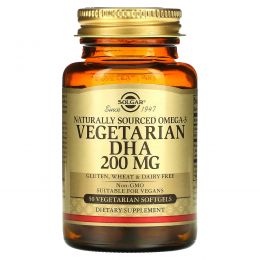 Solgar, Натуральная вегетарианская омега-3 ДГК, 200 мг, 50 мягких капсул на растительной основе