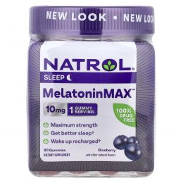 Natrol, Melatonin Max, для сна, голубика, 10 мг, 80 жевательных таблеток