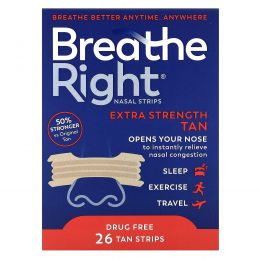 Breathe Right, Полоски для носа, усиленное действие, 26 шт.