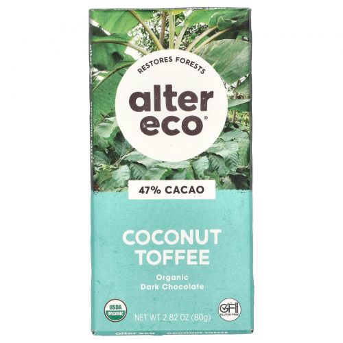 Alter Eco, Натуральный шоколад, темные кокосовые ириски, 2.82 унции (80 г)