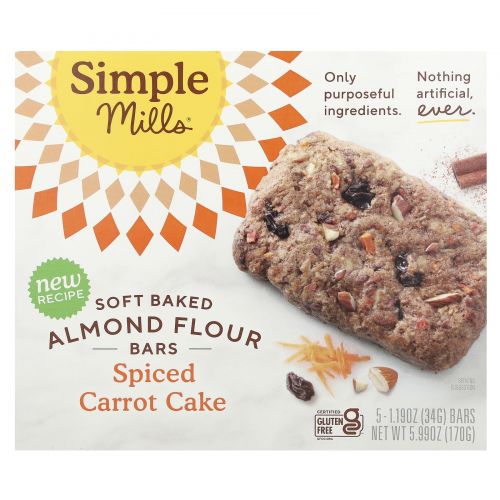 Simple Mills, Мягкие батончики из миндальной муки, пряный морковный пирог, 5 батончиков по 34 г (1,19 унции)