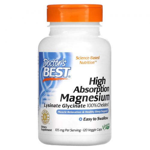 Doctor's Best, High Absorption Magnesium, 100% Chelated with Lysinate Glycinate , 105 mg , 120 Veggie Caps