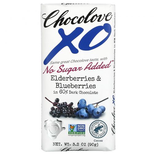 Chocolove, XO, Elderberries & Blueberries In 60% Dark Chocolate, 3.2 oz (90 g)