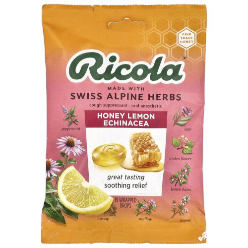 Ricola, HoneyLemon, средство от кашля с эхинацеей, 19 драже